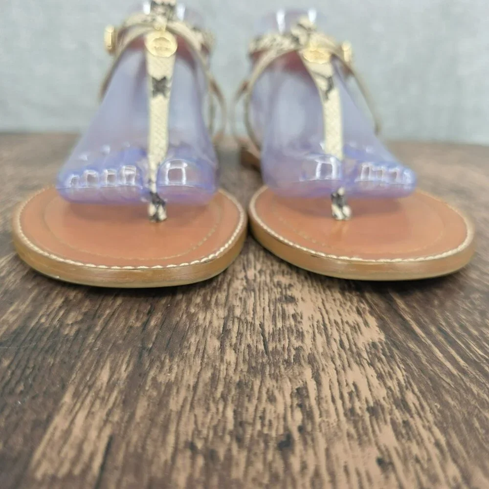 Coach Lydia T Strap Sandals 11 Snake Print Ankle Buckle Logo Strappy Flat Beachy